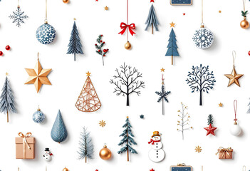 Various Christmas-themed elements including pine branches, holly berries, reindeer, Christmas trees, gifts, and other festive decorations