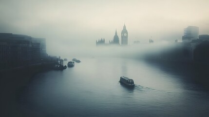 Foggy London Skyline with Boats on the Thames River