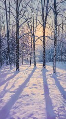  The sun shines through the trees, casting long shadows on the snow-covered ground in the winter forest