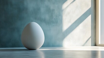 Large white egg sits on a floor in a sunlit room.