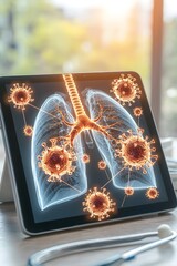 Medical tablet showing an X-ray of lungs with highlighted problem areas.