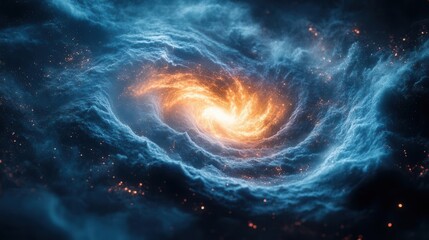 Cosmic vortex spirals with glowing cyan edges, swirling particles, and subtle depth textures