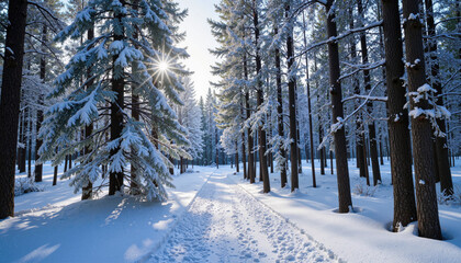 Fototapeta premium Snowy forest trail with sunlight streaming through trees