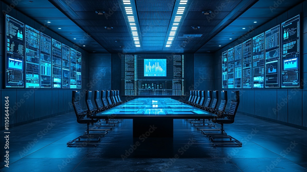 Poster A digital dashboard displaying real-time data from IoT devices in a corporate setting Stock Photo with side copy space