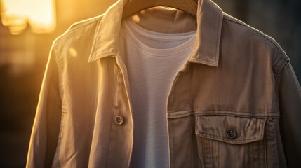 Beige denim jacket and white t-shirt hanging outdoors in golden sunset light.