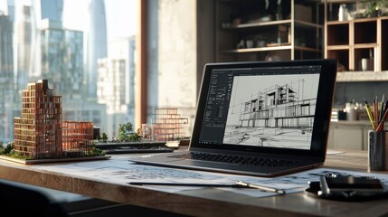 Laptop is open on a desk with a drawing of a building on the screen