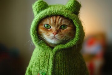 Ginger cat wearing green knitted christmas costume