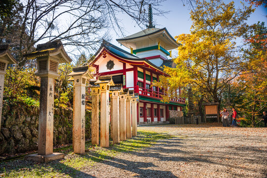 Site of Yoshino Imperial Palace and autumn leaves of maple trees, Yoshino Yama holy temple mountain near Nara, Honshu, Japan