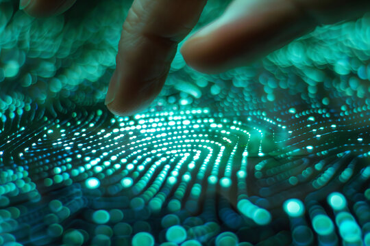 A hand is touching a green screen with a lot of dots. The dots are arranged in a pattern that resembles a fingerprint. Concept modern technologies and the use of biometric data