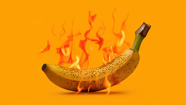 burning banana on color background