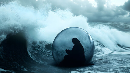The Ethereal Struggle of Emotional Vulnerability: A Figure Sheltered in a Stormy Dome