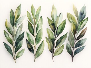 Elegant Set of Watercolor Olive Leaves in Soft Green Tones on White Background
