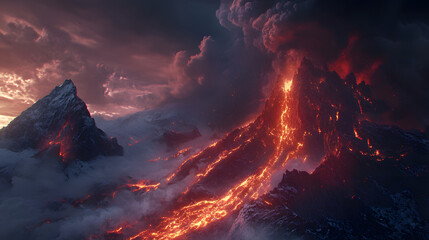 A Mystical Representation of Anger: Volcano Erupting Under Stormy Skies with Fiery Lava Flow