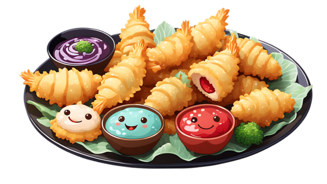 Crispy, golden-brown shrimp, with purple, light blue, and red sauces. Small, smiling faces are on the sauces