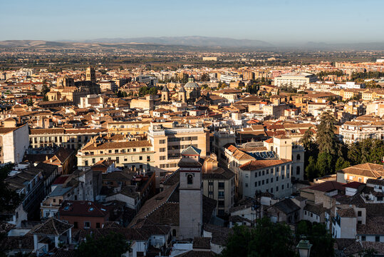 View from Mirador de la Lona at sunrise of skyline of Albaicin, UNESCO World Heritage Site, Granada, Andalusia, Spain