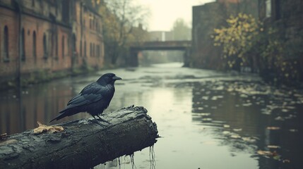 A solitary black bird perched on a log by a misty river, surrounded by autumn foliage.