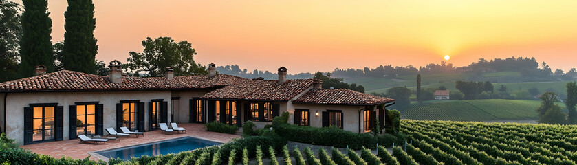 Sunset view of a luxury villa with a pool, nestled amidst vineyards.