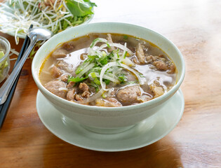 Bun Bo. Vietnamese spicy beef noodle soup. Bun Bo Hue. Vietnamese street food. 
