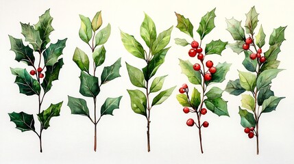 Minimalist Watercolor Holly Leaf and Berry Set on White Background for Festive Design