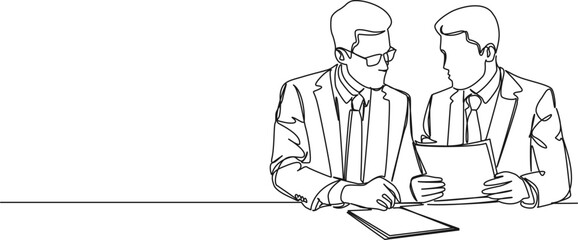 continuous single line drawing of two businessmen discussing business report during meeting, line art vector illustration