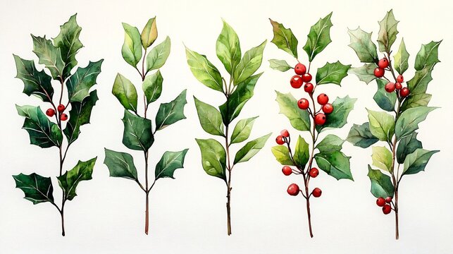 Minimalist Watercolor Holly Leaf and Berry Set on White Background for Festive Design