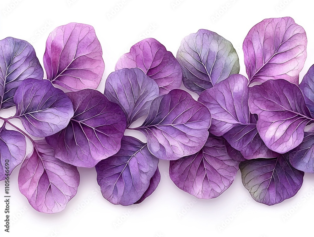 Poster elegant watercolor fig leaves in soft purple and muted green arranged in an overlapping pattern on a