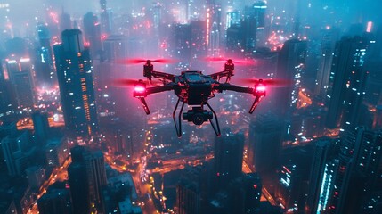 Drone flying over futuristic city at night.