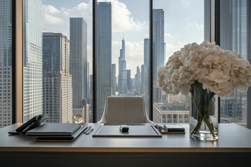 A sleek modern office setup featuring a luxurious desk, with a breathtaking cityscape backdrop displaying skyscrapers and a dynamic urban environment.