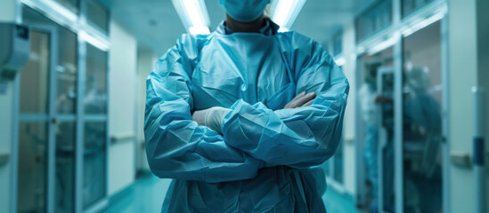 doctor surgeon in scrubs crossing his arms in a hospital hallway corridor working on duty