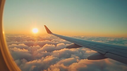 Obraz premium Airplane Wing Above Sunset Cloudscape Scenic Flight