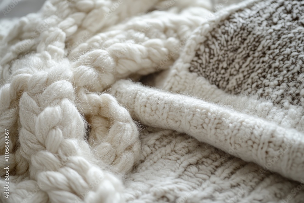 Aufkleber an image of soft, hand-knitted sweaters in creamy white tones. displaying different knitting pattern