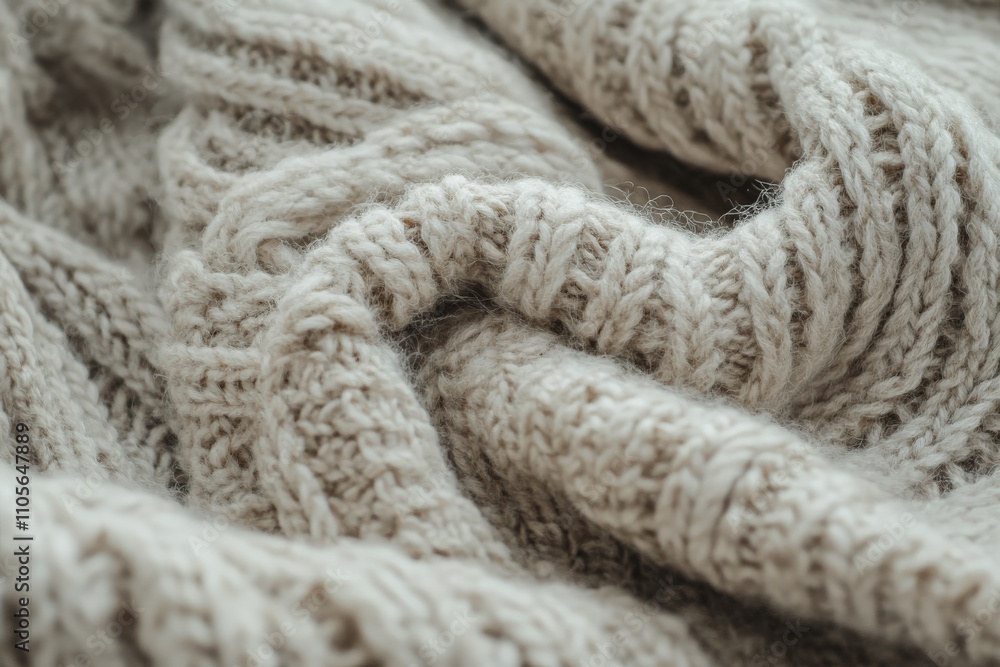 Poster A detailed image of a creamy knitted fabric showcasing a close-up of its intricate pattern. This textile captures warmth and texture as fundamental aspects of its design.