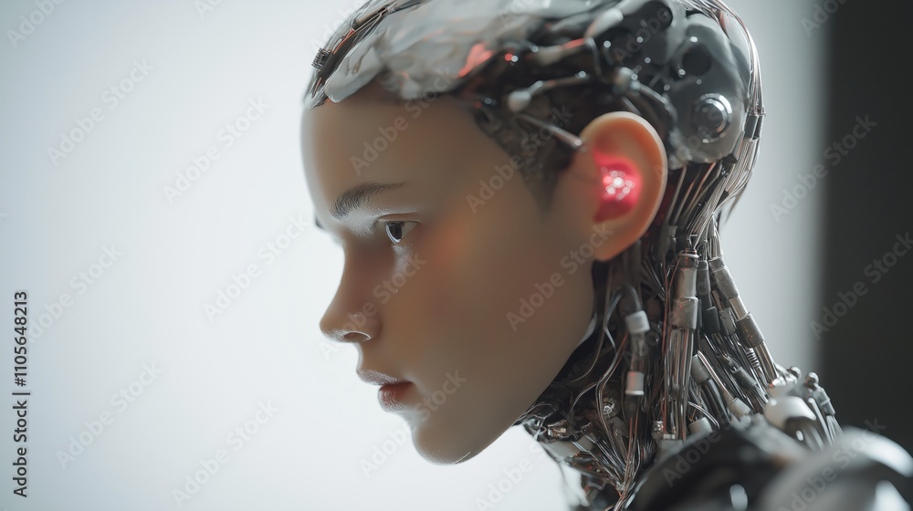 Poster close up profile view of futuristic humanoid robot with sophisticated ai features. modern tech desig