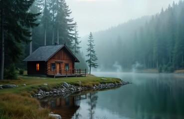 Fototapeta premium Peaceful wooden cabin sits by calm lake shrouded in morning mist. Rich forest surrounds tranquil scene. Tranquil natural beauty. Peaceful atmosphere. Serene landscape. Ideal for relaxation, quiet
