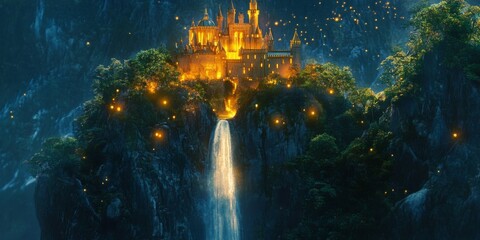 Magical Clifftop Castle Waterfall Fantasy Landscape Night Scene