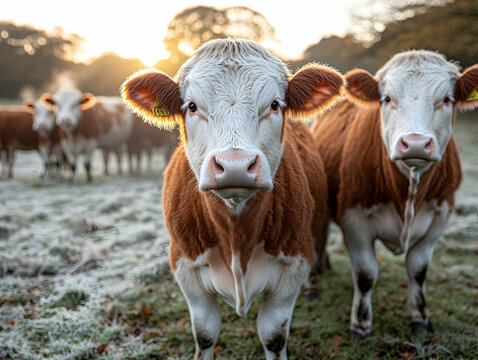 Two curious brown and white cows in a frosty field at sunrise.