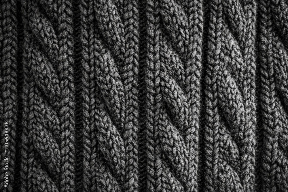 Poster an intricate dark gray cable knit pattern showcasing the texture and detail of the fabric, highlight