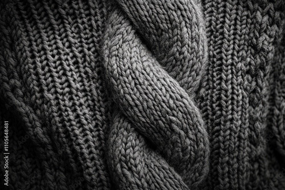 Aufkleber a close-up of a thick cable knit pattern in soft gray wool, showcasing the texture and details, exem