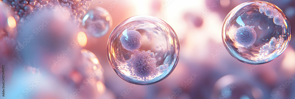 Poster 3d render of translucent spheres containing crystalline structures, abstract background