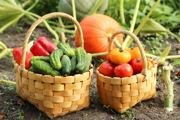 Fresh vegetables harvest in basket on garden bed in sunlight close up. Organic cucumber, pepper,...