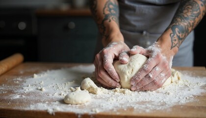Fototapeta premium Tattooed Baker Kneading Dough on Wooden Surface