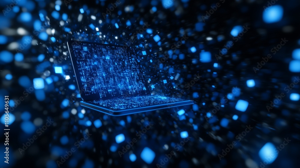 Poster a laptop computer with blue digital code flowing out of the screen against a dark background.