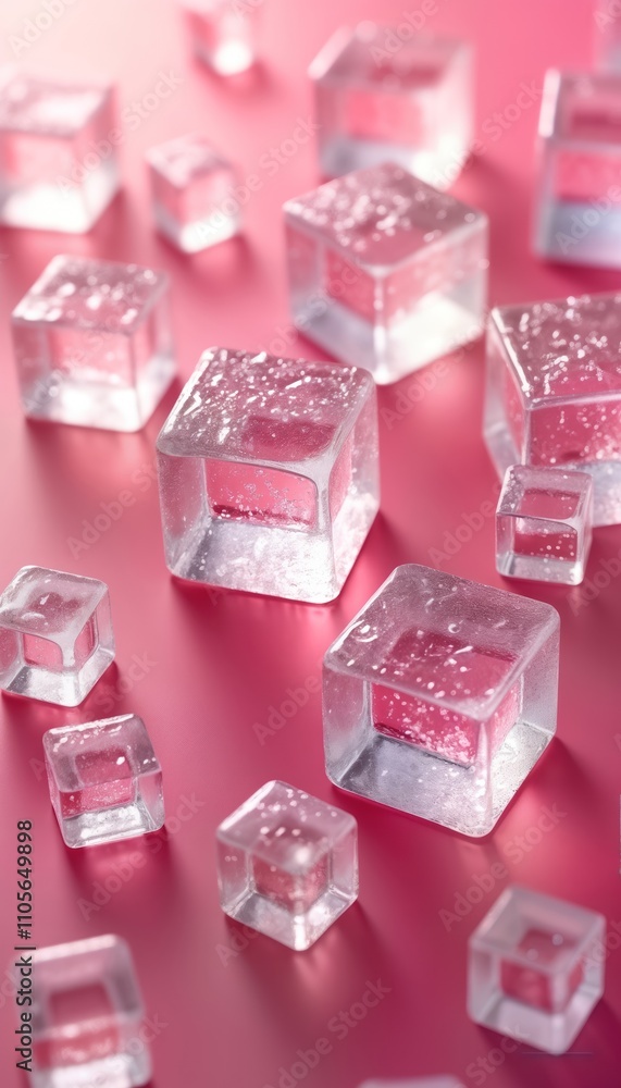 Poster Ice cubes arranged on vibrant pink background creating refreshing visual. Transparent ice cubes with water droplets, slight internal color variation. Close-up view highlights texture, clarity of ice.