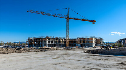 Construction Crane Hoists Building Frame Under Blue Sky