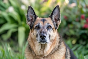 Portrait of beautiful senior german shepherd dog resting in garden