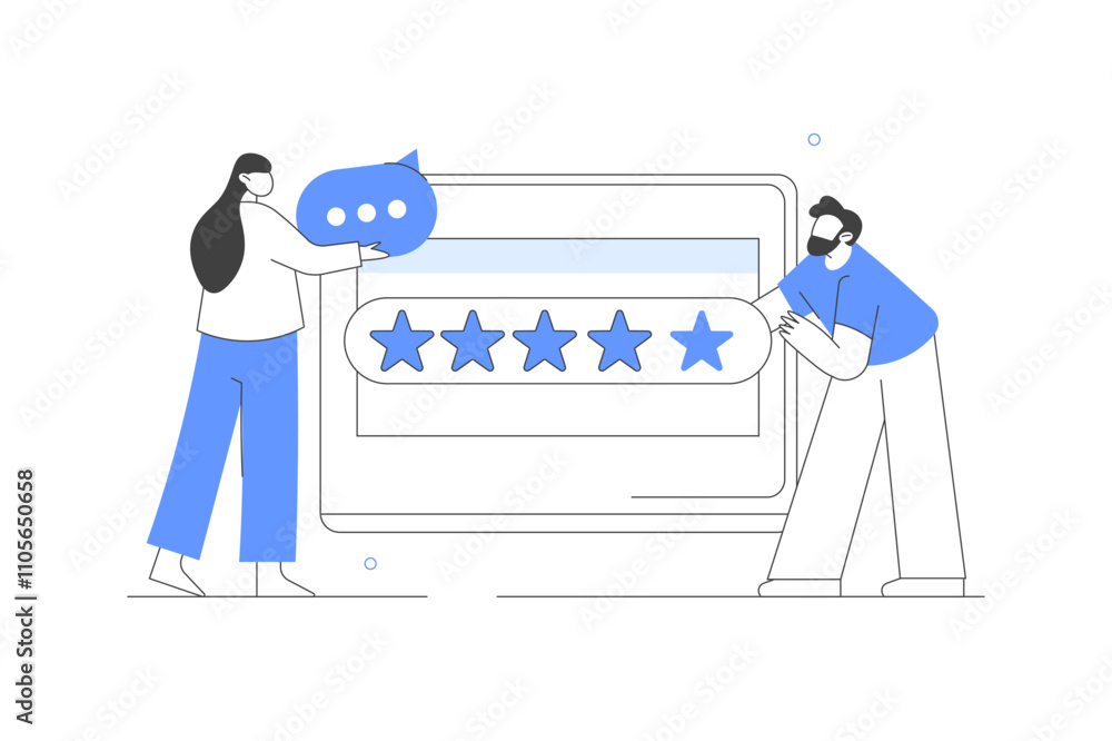 Poster customer feedback and user experience. characters giving review to customer service operator. satisf