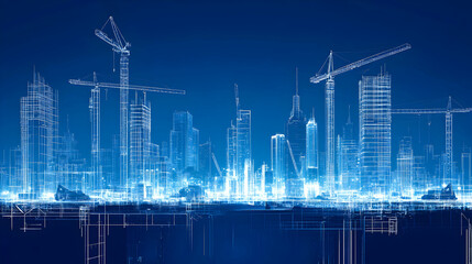 Blueprint of a Modern City Under Construction with Cranes