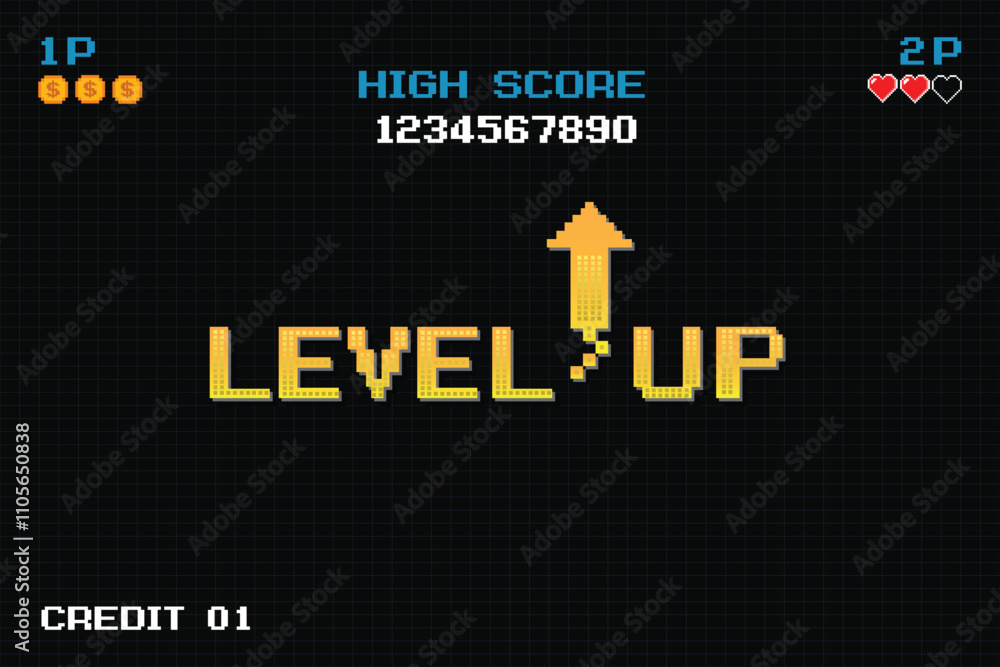 Poster level up icon pixel art. 8 bit game. retro game. for game assets in vector illustrations on black ba