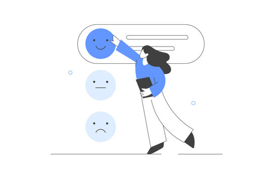 Customer feedback and user experience. Character giving review to customer service operator. Satisfaction rating, choosing emoji and filling survey form. Flat Cartoon Vector Illustration, icon