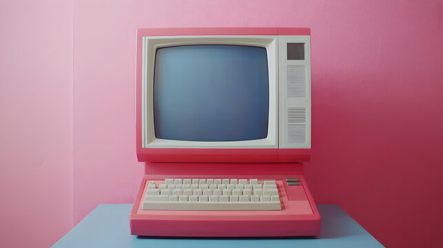 Pink Retro Computer on Desk, Vintage Technology